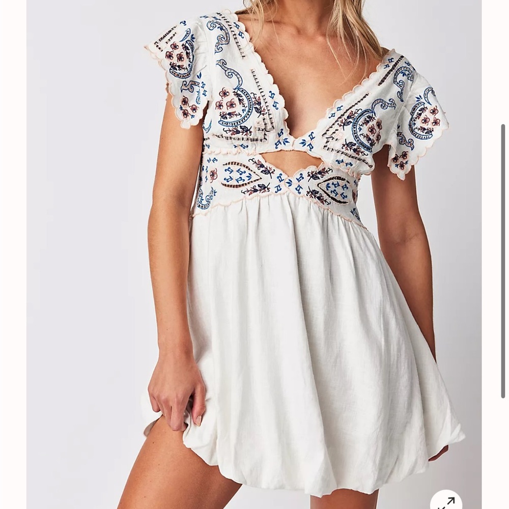 Free People White Mini Dress with Blue & Brown Embroidery Accents